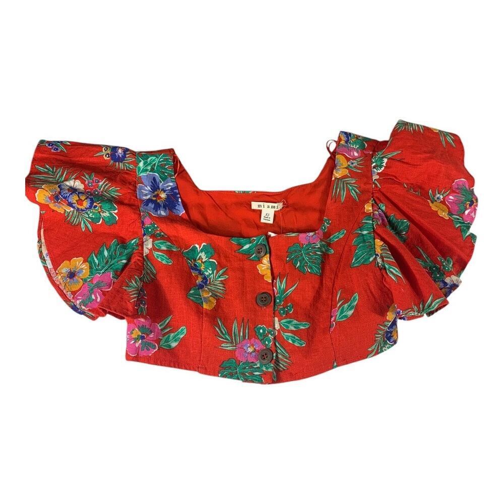 NEW Francesca's Linen Blend Cropped Button Front Ruffled Sleeve Halter Top XS - Picture 2 of 7